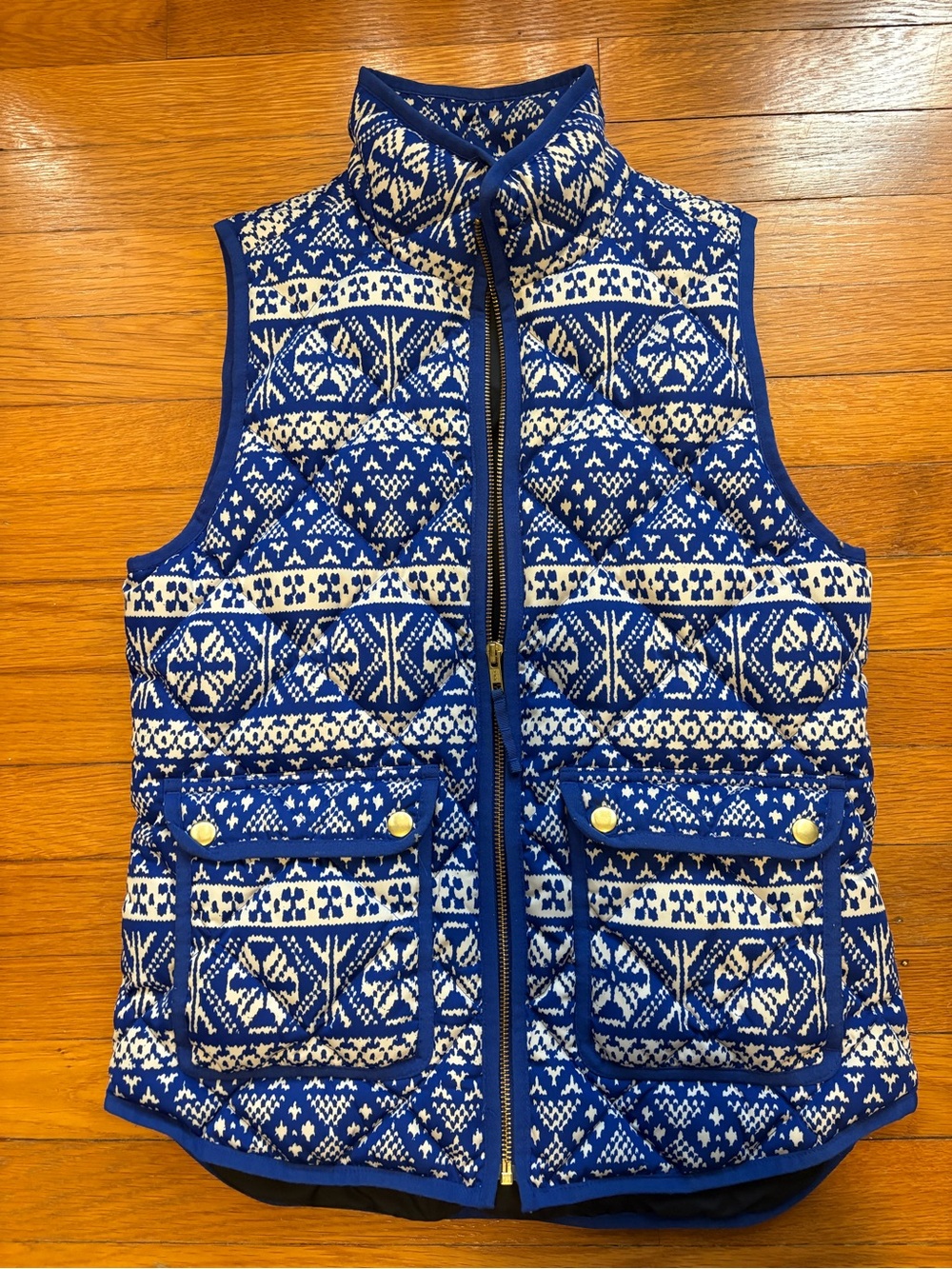 J Crew Blue & Cream Quilted Patterned Vest
